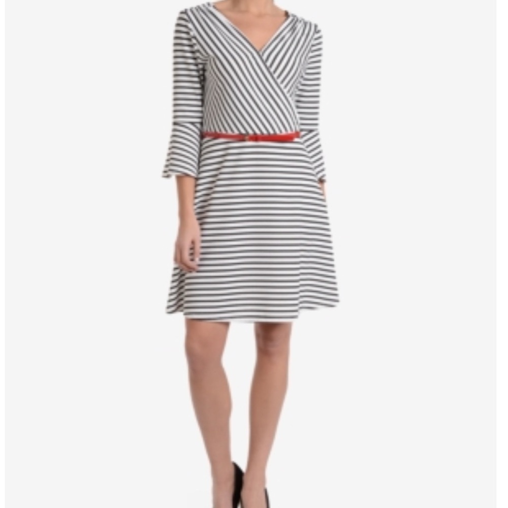 NY Collection Black and White Striped Dress with Red Accent